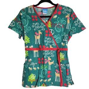 Scrub HQ Christmas Scrub Top Green Peace Joy Holiday Pockets Womens XS